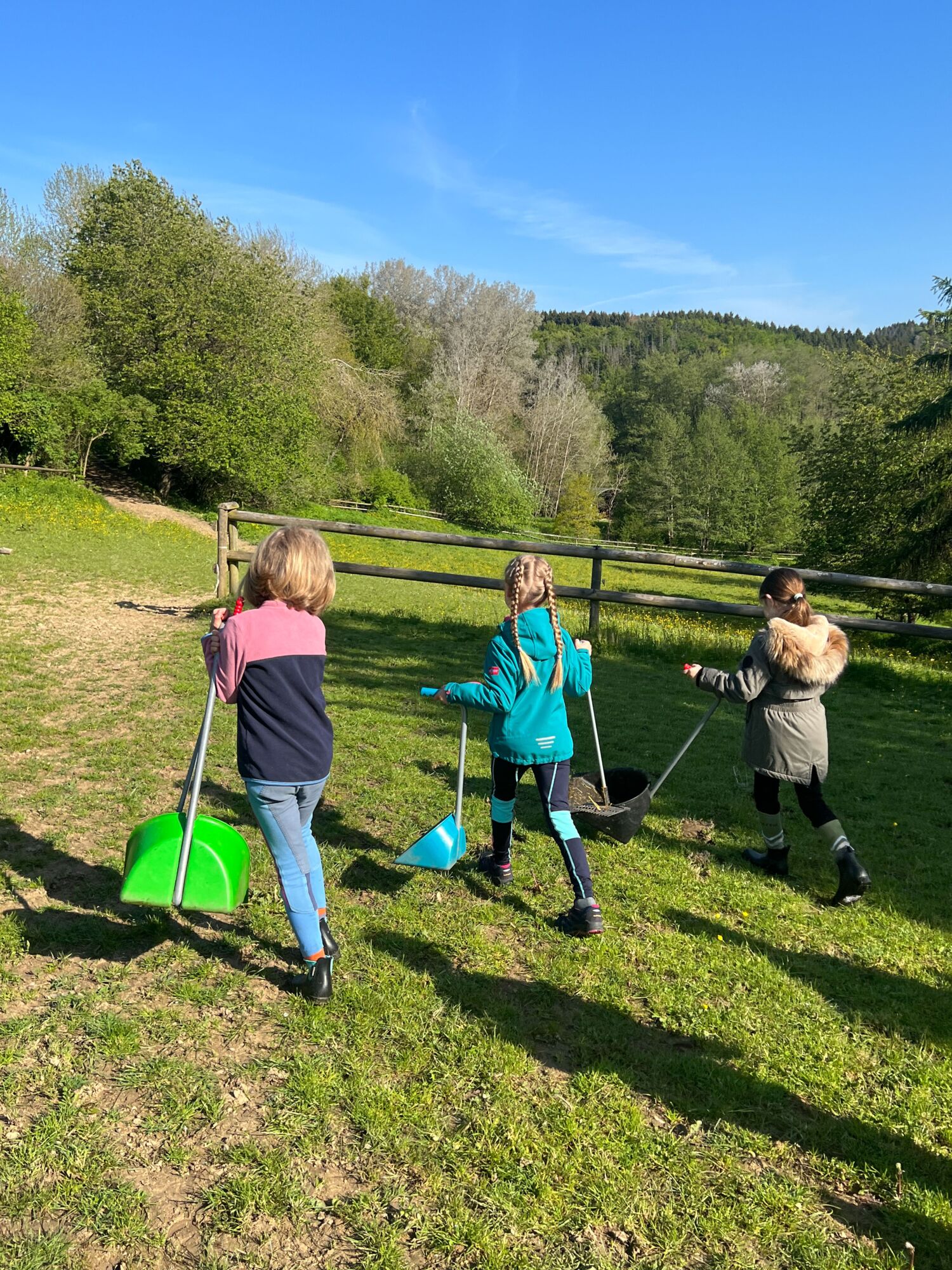 Kinder gehen zum Abäppeln einer Pferdekoppel auf dem Landgut Pfauenhof in der Eifel